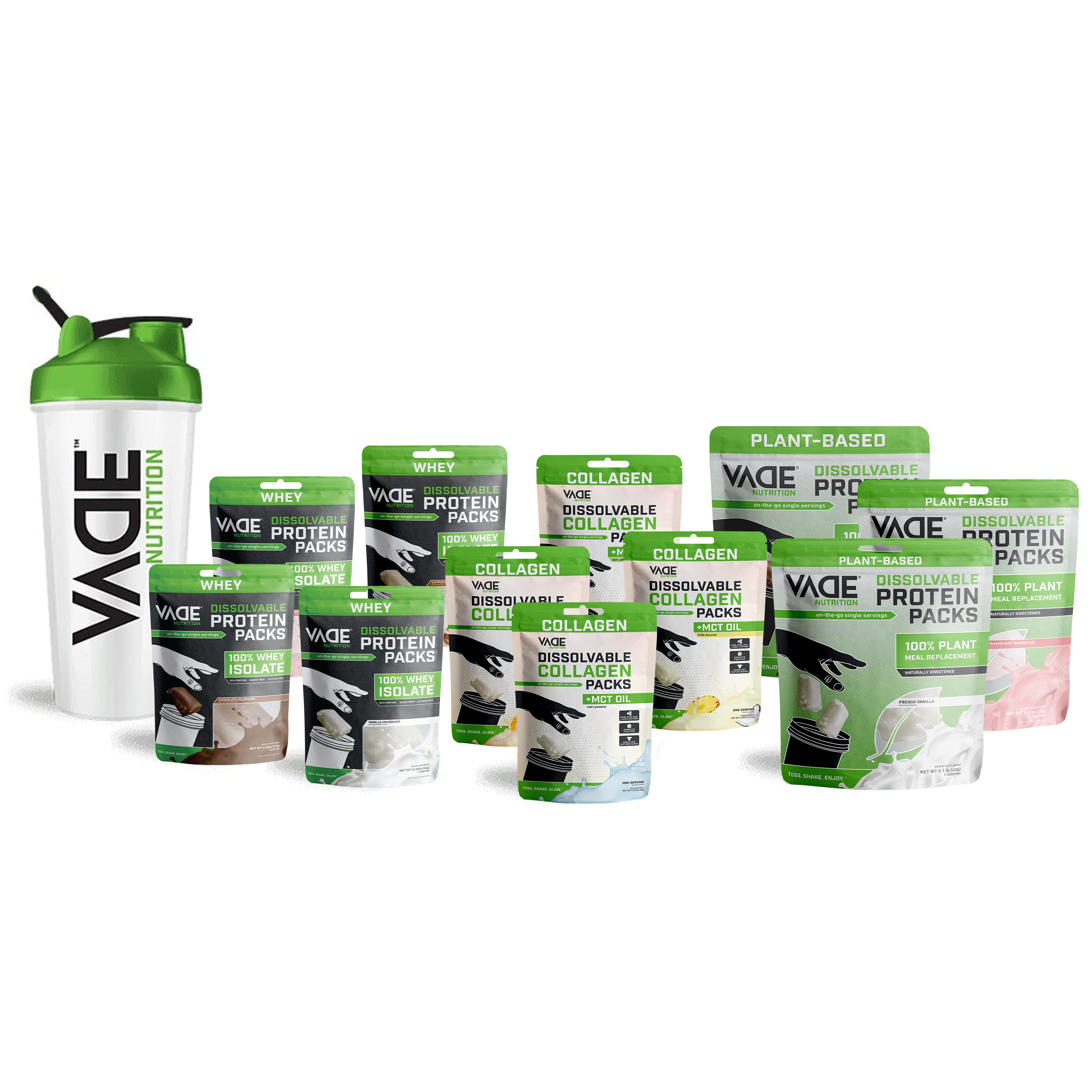 VADE Nutrition Dissolvable Protein Packs | Chocolate, Strawberry, Vanilla,  Cappuccino & Shaker Bottle Bundle, Whey Isolate Protein Powder (8 Pack)