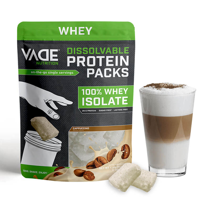 VADE Nutrition Dissolvable Protein Packs - 100% Whey Isolate Protein Powder  Cappuccino - Low Carb, Low Calorie, Lactose Free, Sugar Free, Fat Free