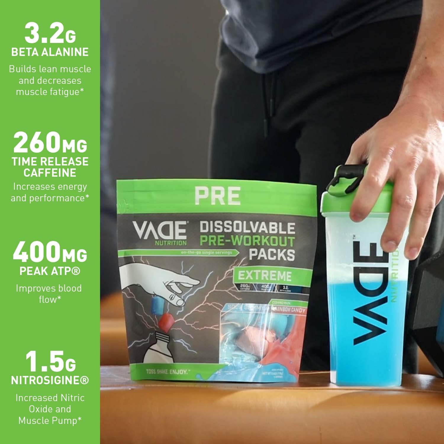 Ditch the Scoop: VADE Extreme Pre Workout Packs Dissolve in Your Shaker