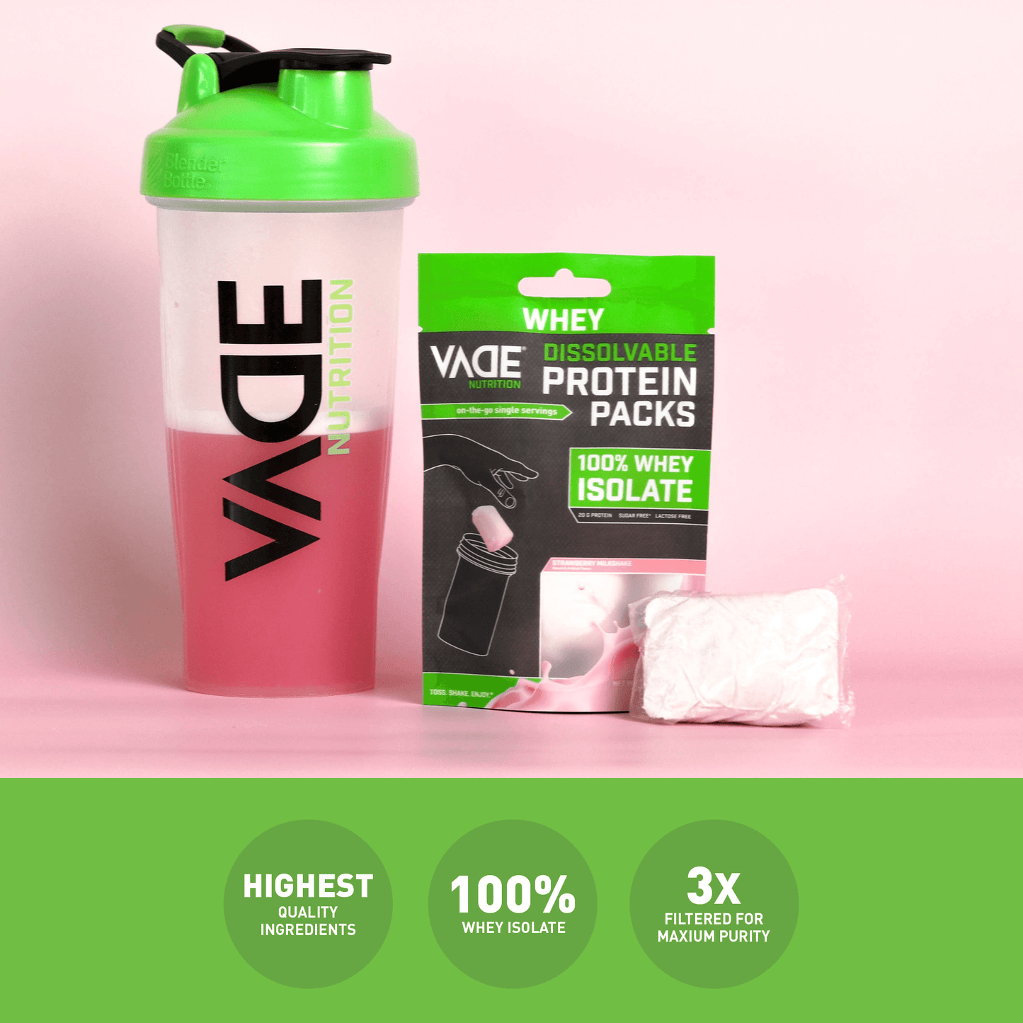 VADE Nutrition Dissolvable Protein Packs | Chocolate, Strawberry, Vanilla,  Cappuccino & Shaker Bottle Bundle, Whey Isolate Protein Powder (8 Pack)